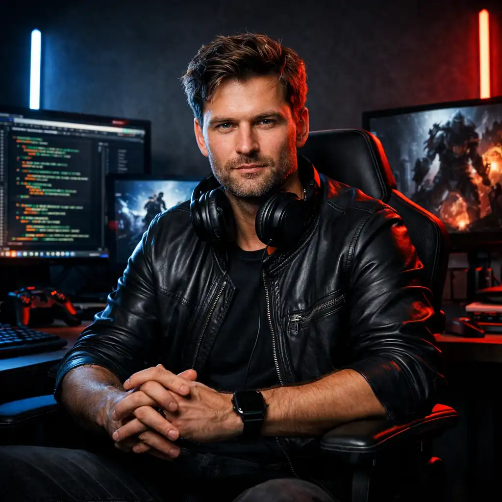 Portret twórcy gier siedzącego w futurystycznym, neonowym studiu
