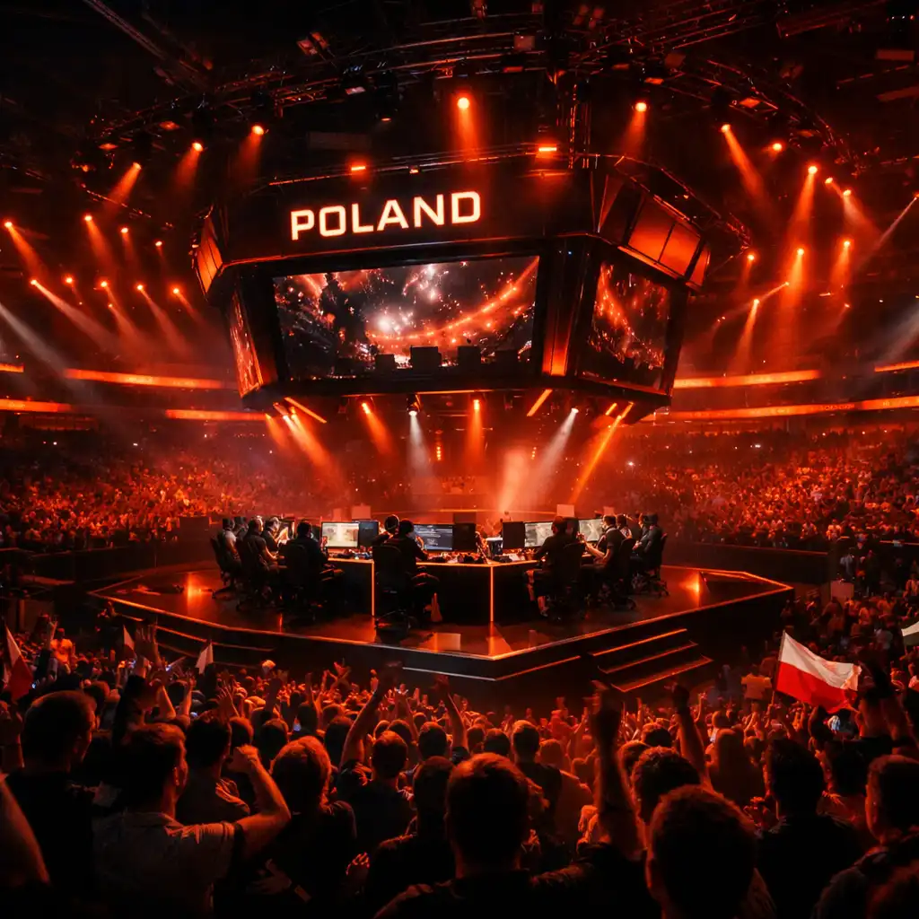 Dynamiczny kolaż scen esportowych: arena, zawodnicy i neonowe interfejsy wyników