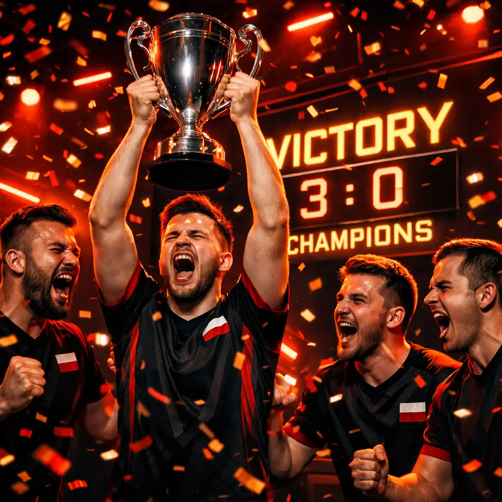 Zawodnicy esportowi świętują zwycięstwo na scenie pełnej świateł