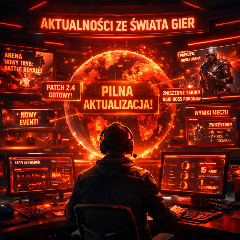 Dynamiczny kolaż ekranów z aktualizacji gier PC i konsol w stylistyce tech-noir
