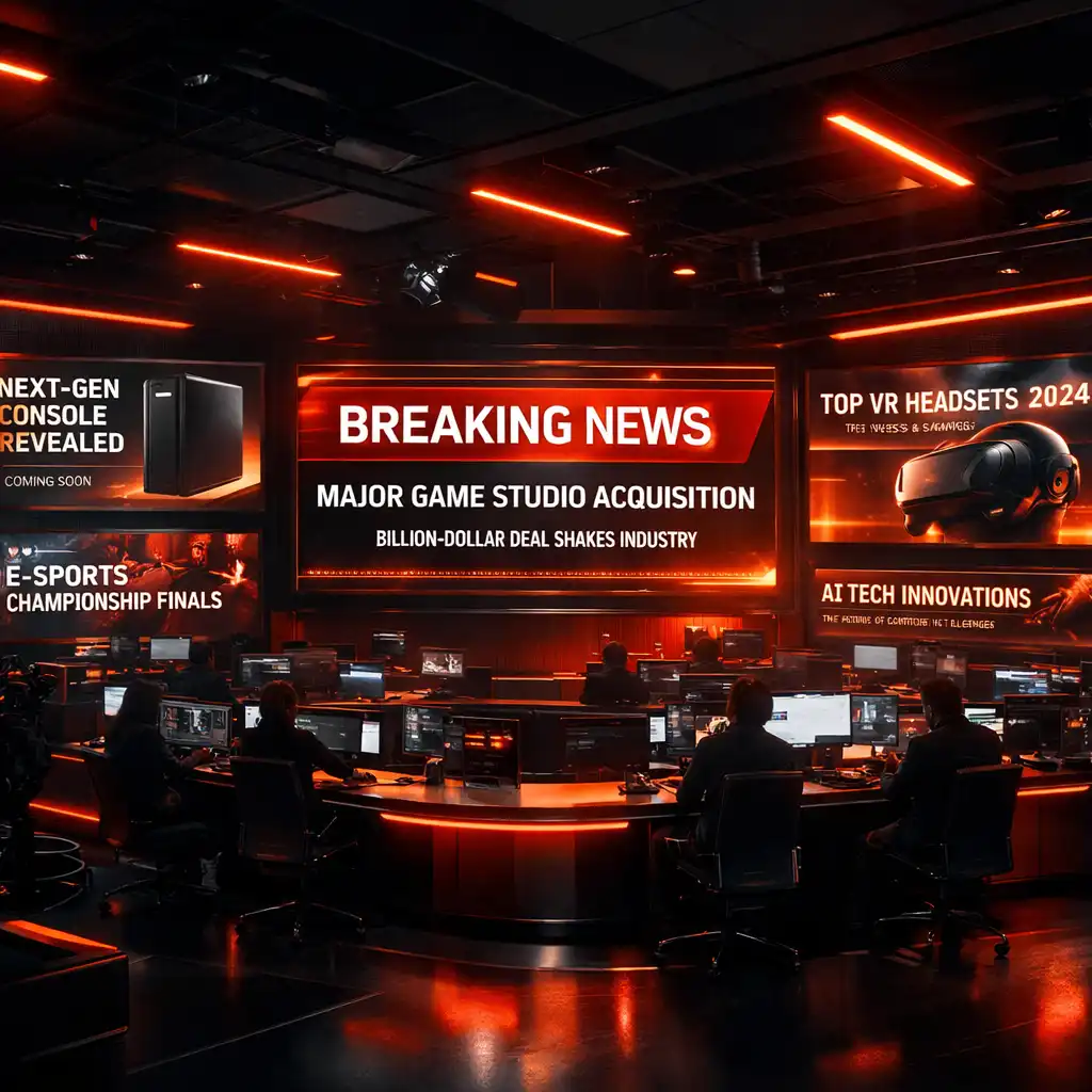 Tech-noir kolaż przedstawiający sceny z gier, esportu i futurystycznego miasta