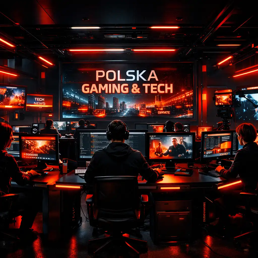 Tech-noir newsroom BEPCO EASTERN EUROPE z neonowymi akcentami i siatkowym układem ekranów