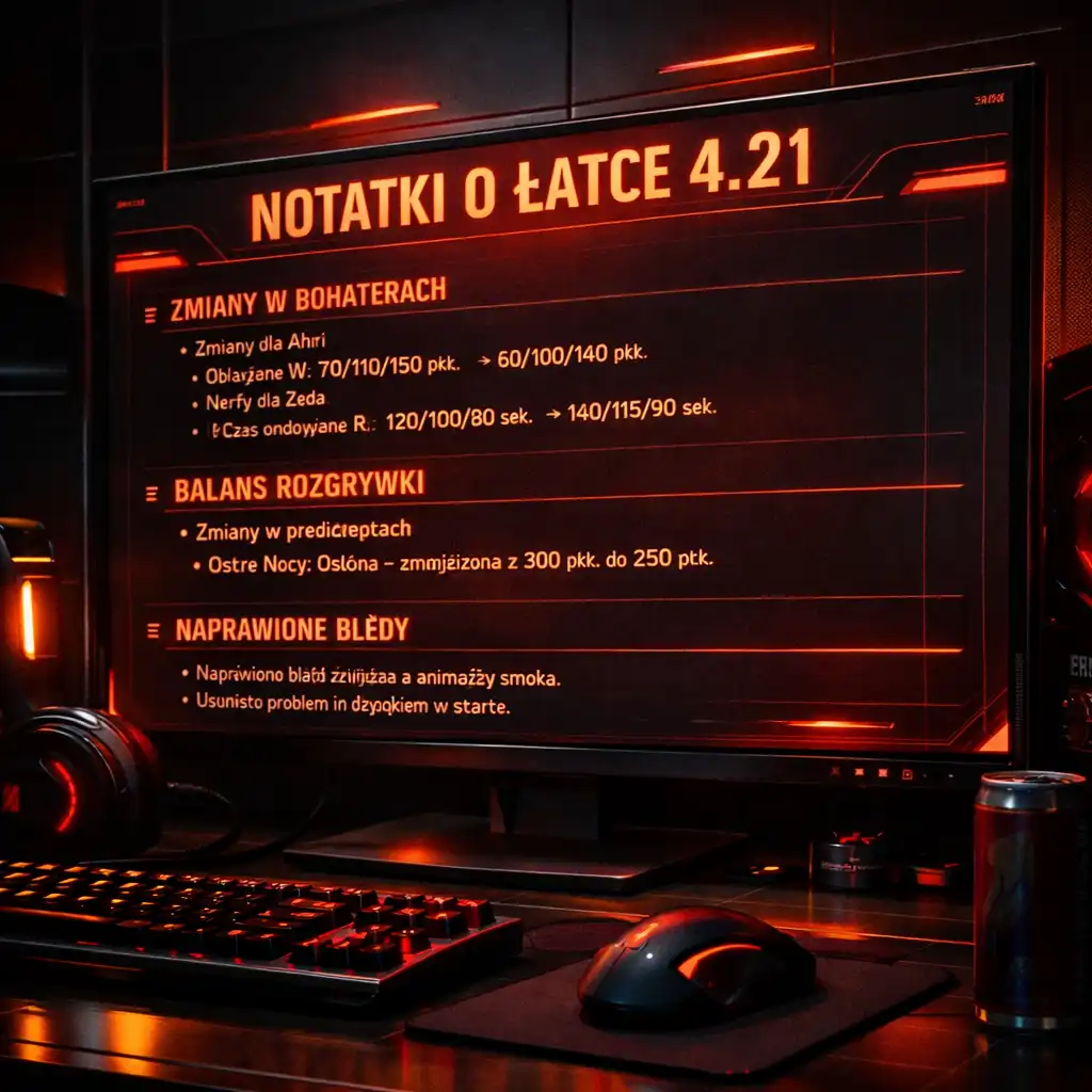 Zbliżenie na ekran z patch notes w futurystycznym interfejsie